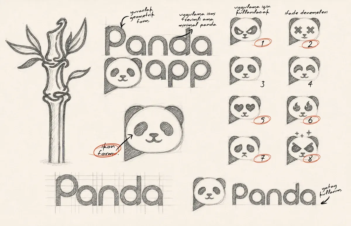 Panda App logo ve karakter eskizleri